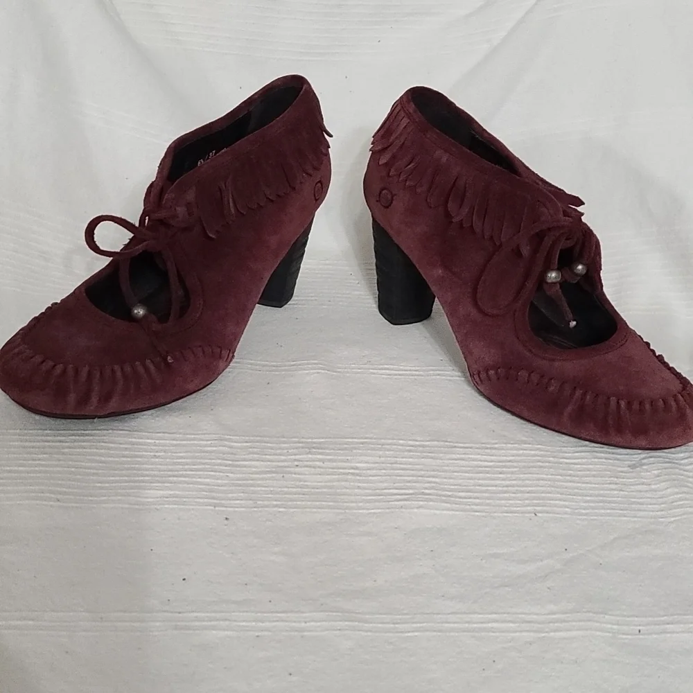 Born Burgandy Leather Moccasin Style Fringed Heeled Booties Size‎ 6.5 EUC